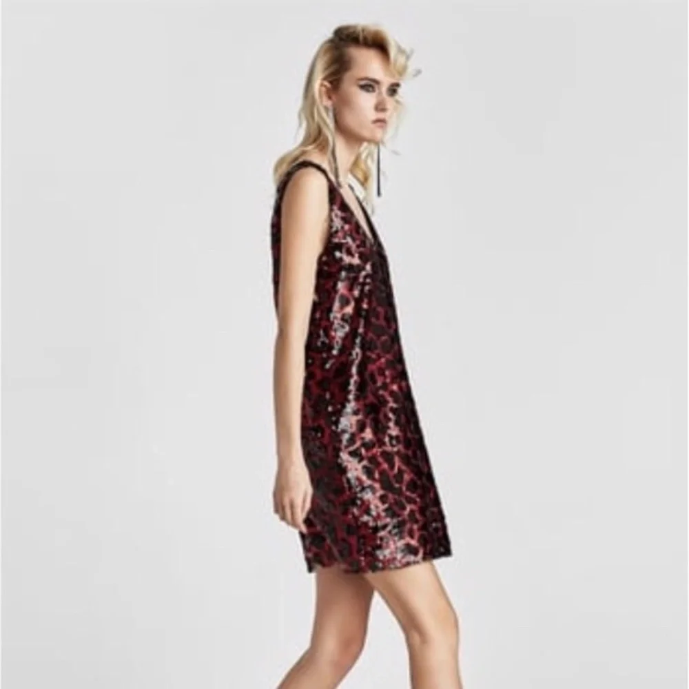 ZARA Animal Print Jewel Tone Sequin Embellished Glam Cocktail Holiday Mini Dress - Picture 3 of 16